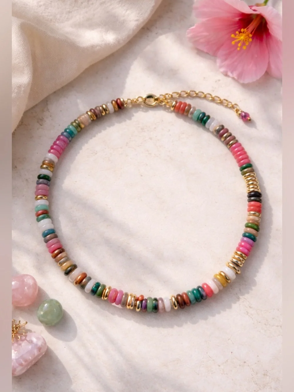 Kissyan Natural Gemstone Heishi Choker Necklace Colorful Boho NIB Gift